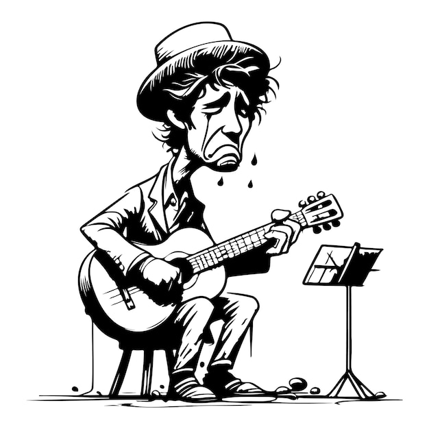 Vector caricature of busker playing the guitar with a sad face