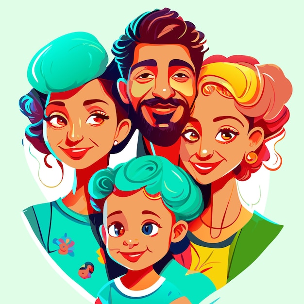 Caricature of a family with two children digital art full head and shoulders vivid realistic