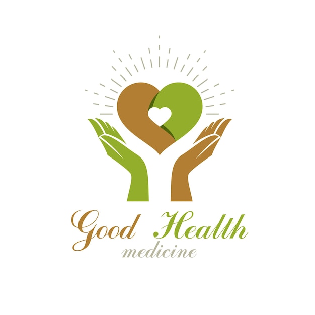 Caring hands holding heart. Alternative medicine concept, vector phytotherapy logo. Strong heart is good health.