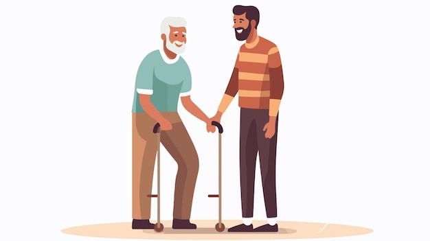 Vector caring male caregiver assisting senior man standing up