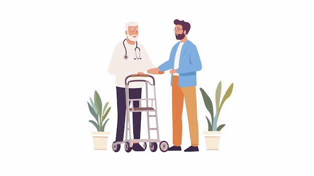 Vector caring male healthcare worker assisting senior man support and assistance concept