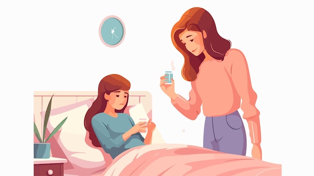 Vector caring mother comforting sick daughter parental love and support concept