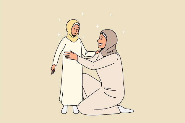 Caring muslim mother embrace small islamic child