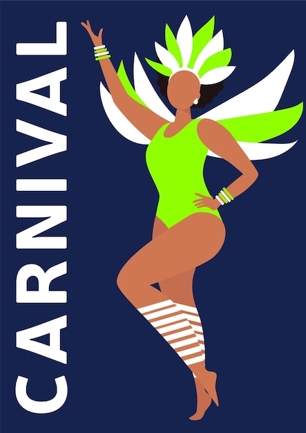 Carnival banner with beautiful Latin woman in carnival costume on dark background. Vector illustrati