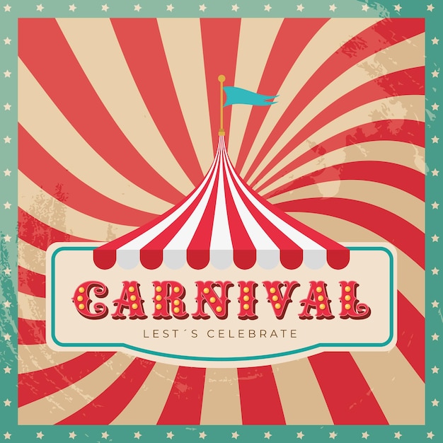 Carnival banner with circus tent over sunlights retro background