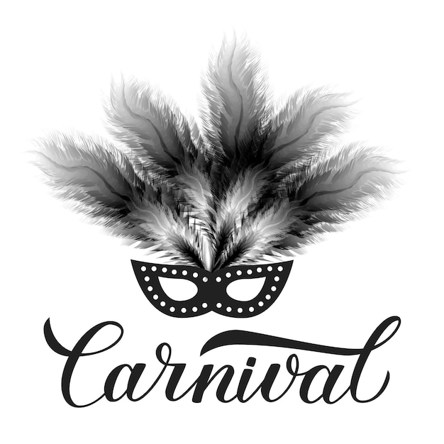 Carnival calligraphy lettering with mask and feathers isolated on white background Masquerade party poster or invitation Easy to edit template for Brazilian carnival in Rio Vector illustration