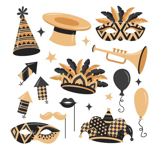 Carnival element set in flat style with gold and black colors  