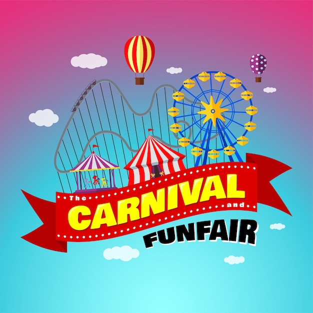 Carnival funfair banner design template amusement park with circus carousels roller coaster