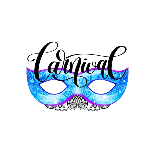 Vector carnival lettering logo design with mask and hand written word vector typographical