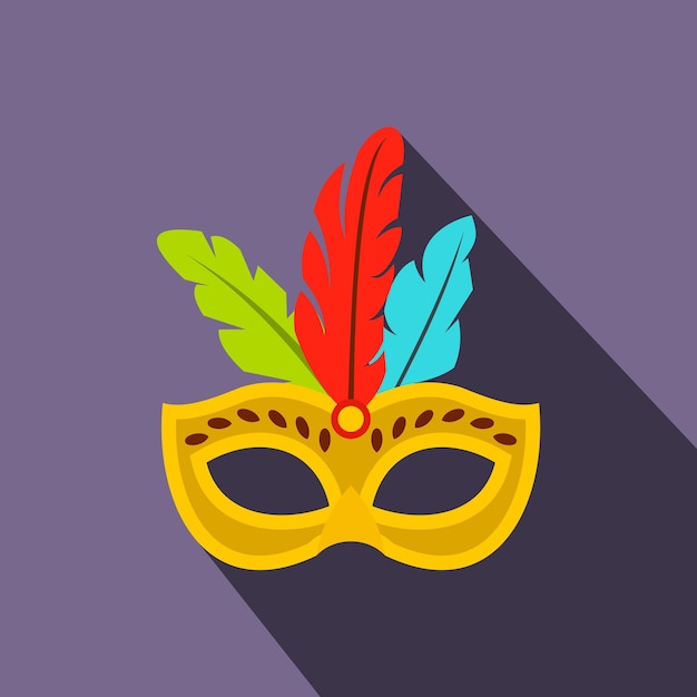 Carnival mask with feathers icon in flat style on a violet background