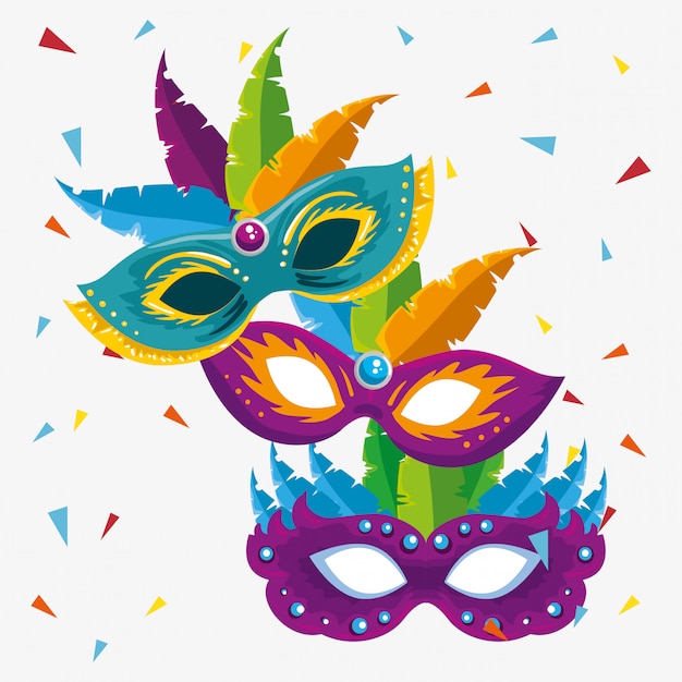 Carnival masks with feathers decoration to festival celebration