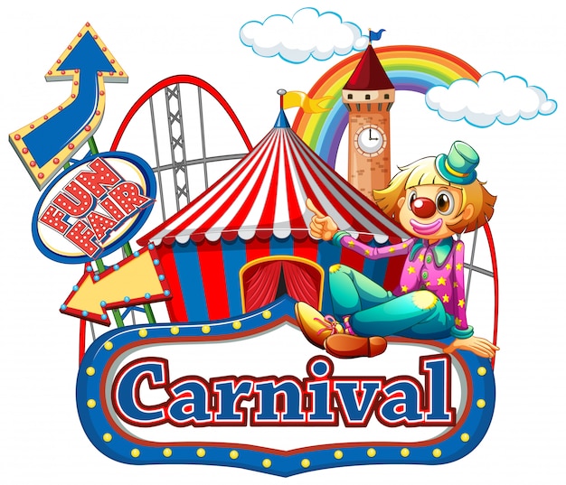 Carnival sign template with happy clown and rides