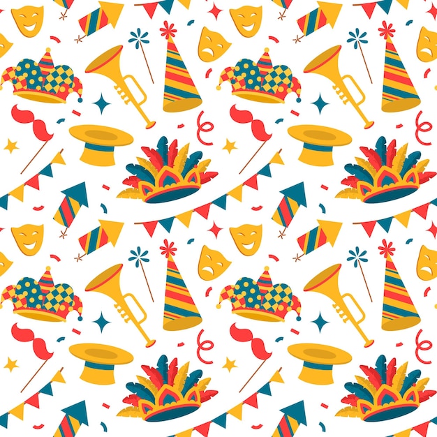 Carnival symbols, seamless pattern,flat style venetian carnival elements  