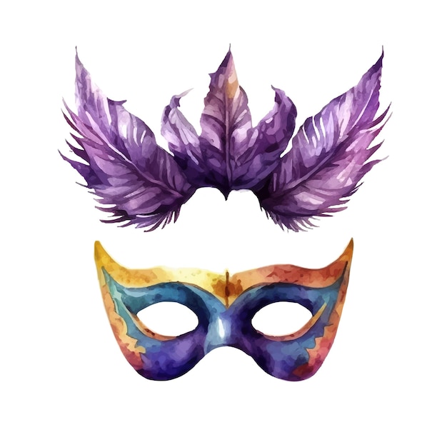 Carnival venetian mask with feathers colored drawing realistic watercolor illustration