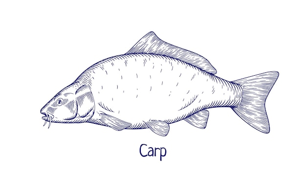 Carp vintagestyled engraved drawing Outlined contoured freshwater fish Detailed retro etched Cyprinus carpio side view Handdrawn ink vector illustration isolated on white background