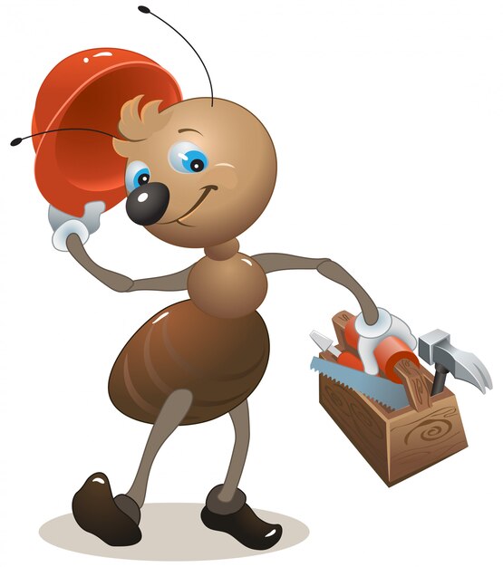 Vector carpenter ant in the helmet bears toolbox