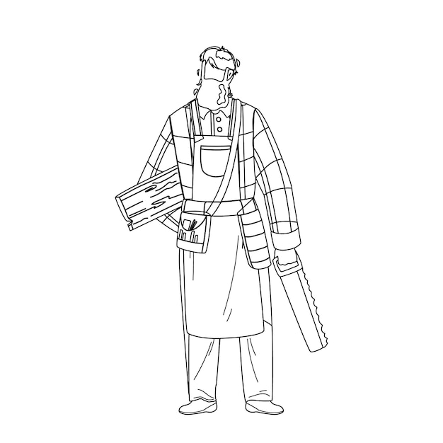 Carpenter Holding Saw And Wooden Board Black Line Pencil Drawing Vector. Bearded Carpenter Man Wearing Uniform And Apron Hold Equipment And Material. Character Repairman Occupation Illustration