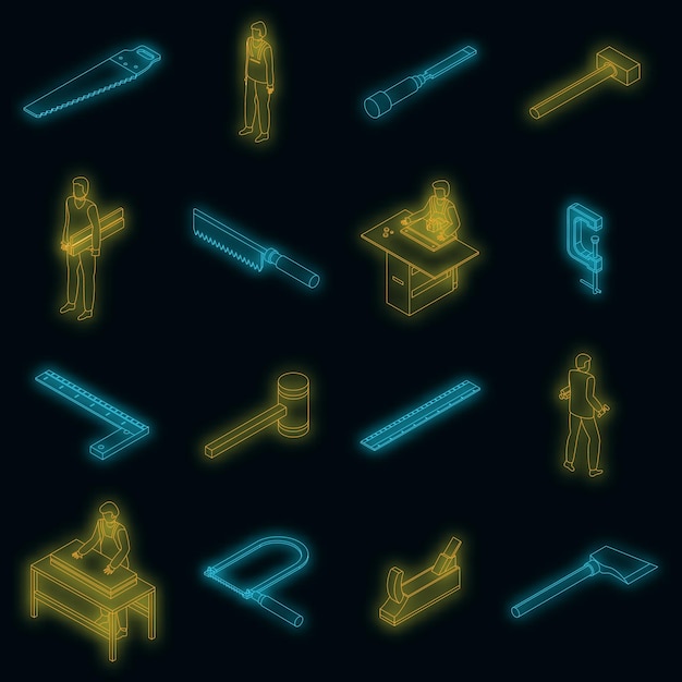 Carpenter icons set vector neon