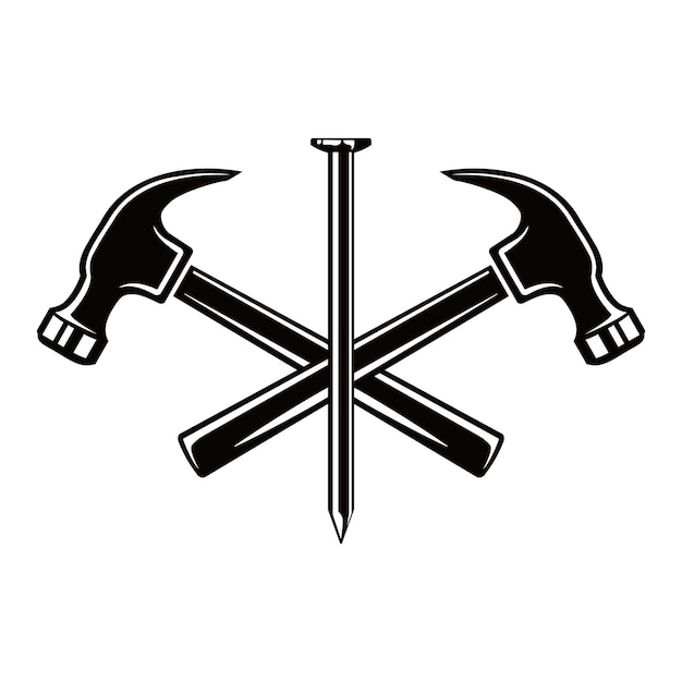 Carpenter logo with crossed hammers and metal nail. Claw hammer and nail symbol, carpentry icon