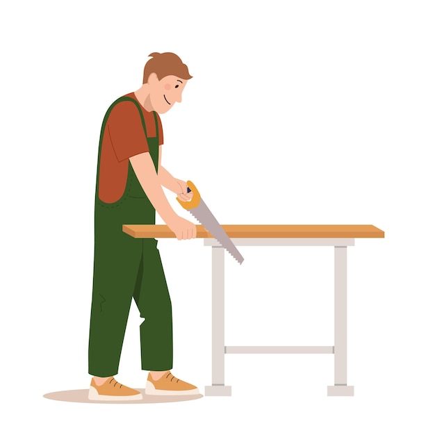 Carpenter makes a product from a tree Man in uniform saws a board with a hand saw Vector