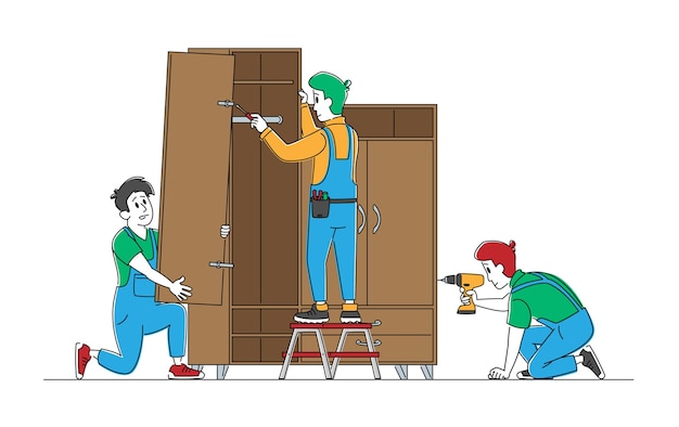 Vector carpenter men characters with electric drill and instruments assemble furniture