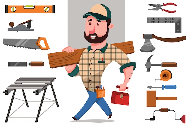 carpenter with a log and a set of tools for woodworking and repair