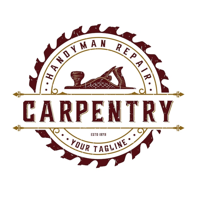 carpentry emblem logo with illustration of saw blade and plenner  for carpentry companies