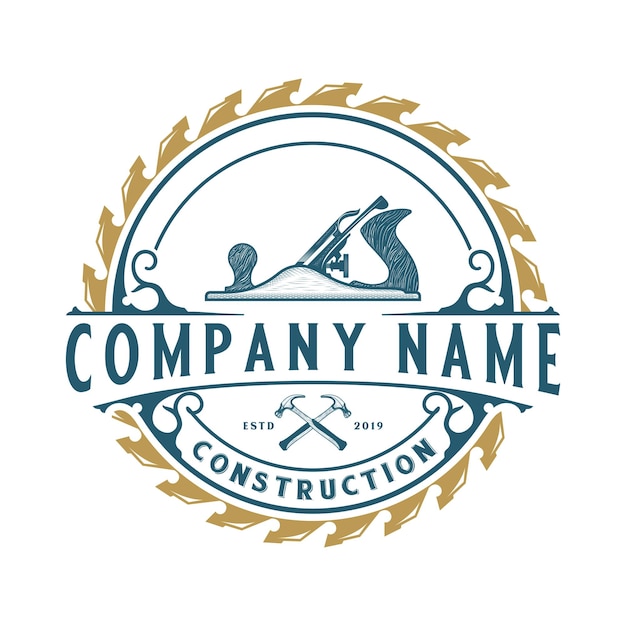 carpentry emblem logo with illustration of saw blade plenner nail and wood