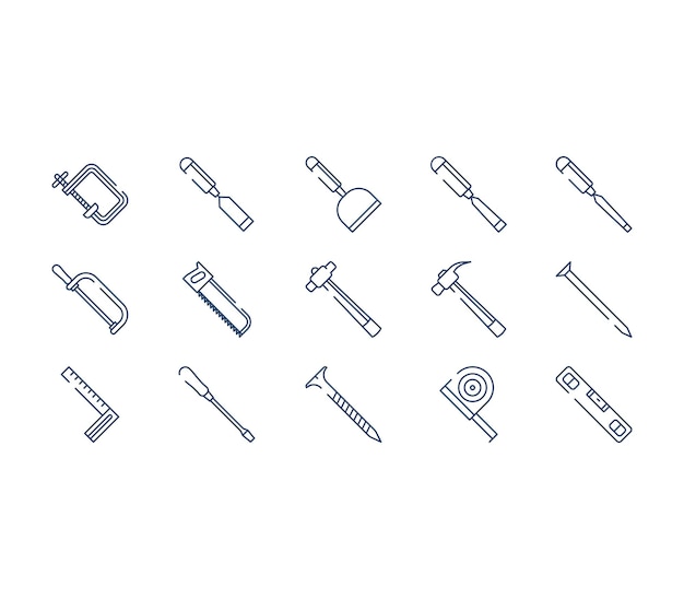 Carpentry tools and equipment icon set