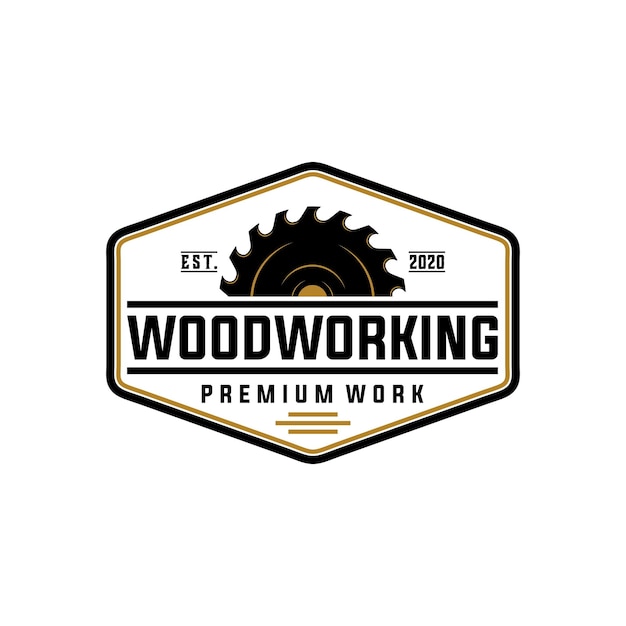 carpentry woodworking vintage vector template. wood works graphic in label badge patch emblem.