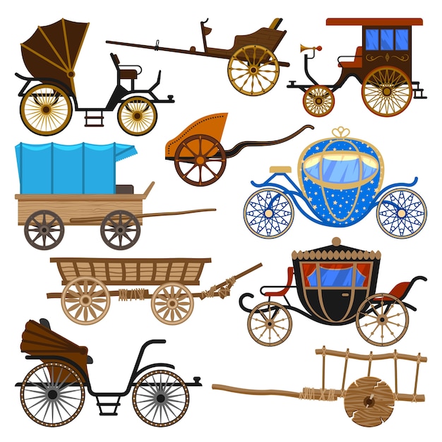 Carriage   vintage transport with old wheels and antique transportation illustration set