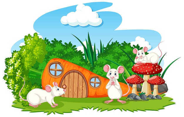 Carrot house with three mouses cartoon style on white background