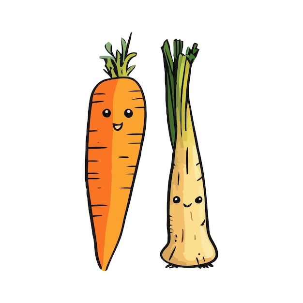 Carrot and leeks with eyes cartoon hand drawn carrot and leeks Kids funny illustration vegetable