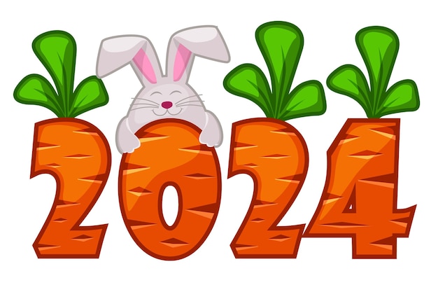 Carrot number 2024 and rabbit for greeting card Easter s postcard