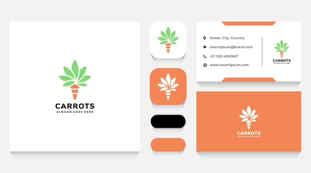 Carrot with Green Leaves Logo Template and Business Card