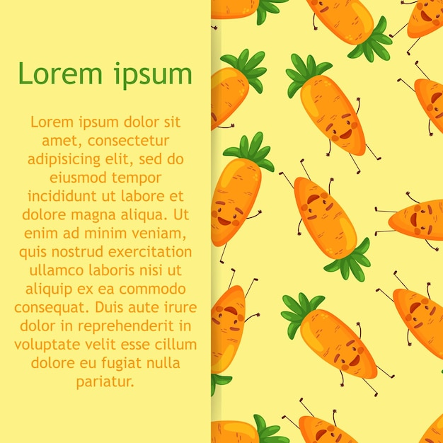 Carrots, vector seamless pattern with cute vegetable characters on stripy background.