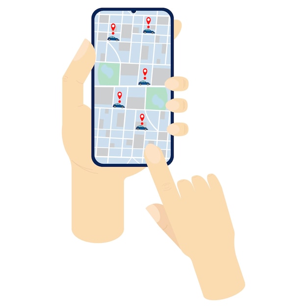 Cars on city map shown on smartphone in hand Vector illustration for car sharing and rental