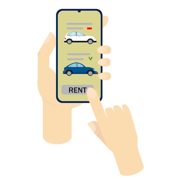 Cars displayed on smartphone screen in hand Concept for car sharing rental and taxi services