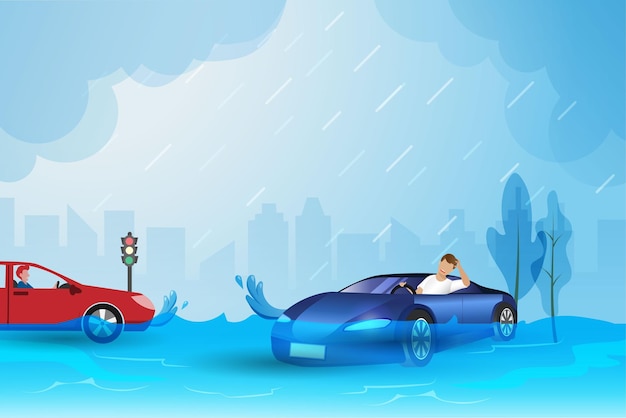 Cars on flooding road in city from raining storm typhoon Nature disaster Tsunami and catastrophic caused by climate change and global warming Ecology and environment concept