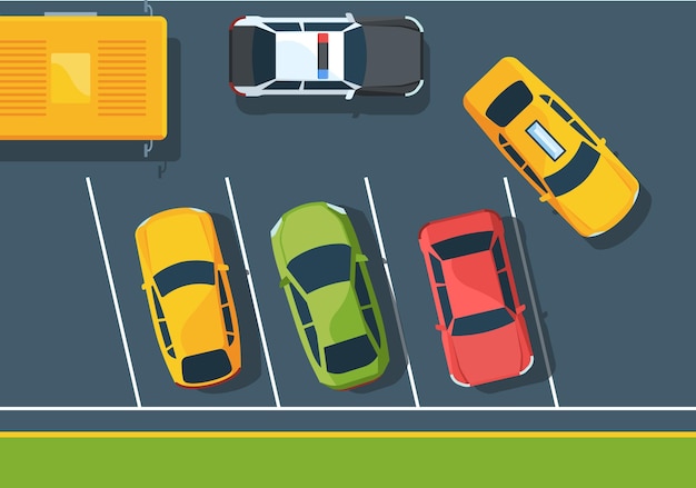 Cars on parking lot top view flat illustration