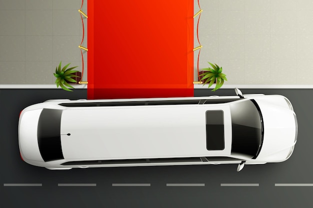 Cars top view realistic composition with white luxury limousine standing in front of red carpet