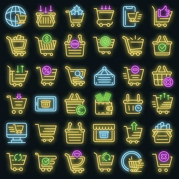 Cart supermarket icons set. Outline set of cart supermarket vector icons neon color on black