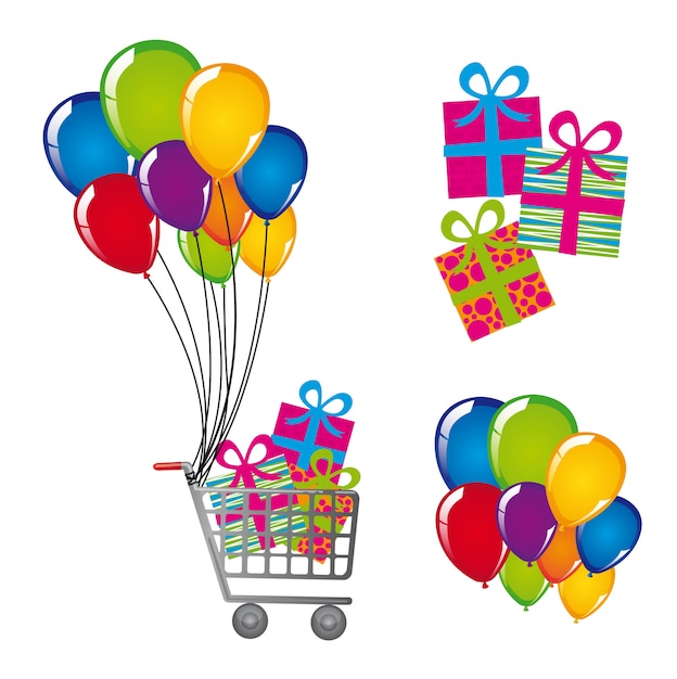 cart with gifts and balloons isolated 