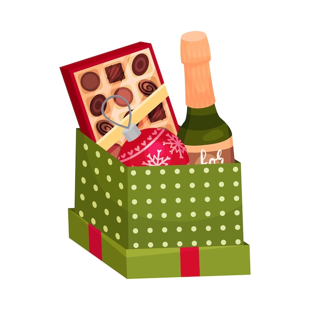 Carton Gift Box with Bottle of Champagne and Box of Chocolate Sweets Vector Illustration