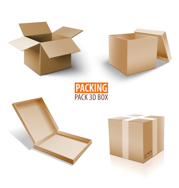 Carton packaging 3d box. Brown delivery set of different sized packages.