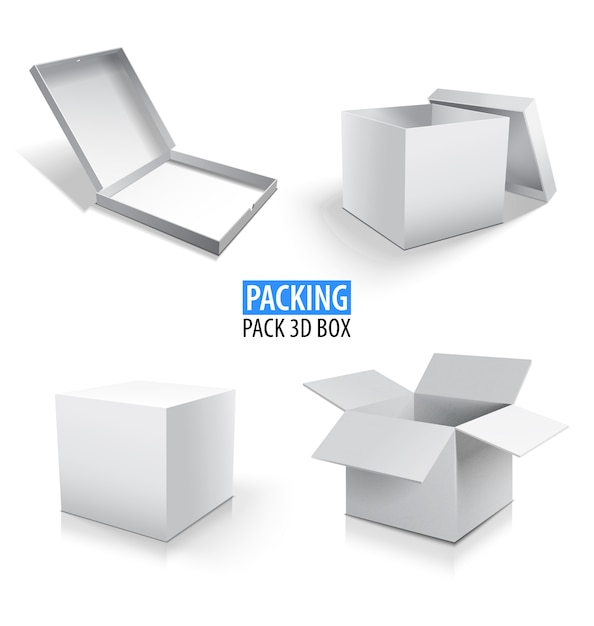 Carton packaging white 3d box. Set of closed and open cardboard boxes on white.