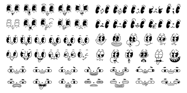 Cartoon 1930s retro faces Vintage emotional face old style funny eyes and mouth different facial expression on white background Vector set