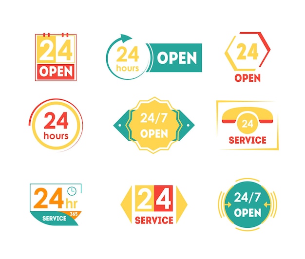 Cartoon 24 Hours Open Service Tag Icon Set Vector