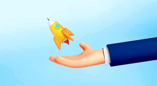 Cartoon 3d hand holding rocket icon that takes off launch on blue background Launch business product on market Startup business concept Vector illustration