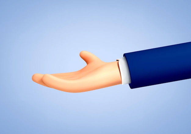 Cartoon 3D hand showing something demonstrating holding something isolated on blue background Vector hand gesture in 3d cartoon style